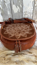 Load image into Gallery viewer, Brown handtooled mandala cowhide leather bag top view tassel closure boho crossbody handbag