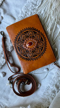 Load image into Gallery viewer, Brown genuine leather 3-way crossbody clutch with handcrafted mandala design, gemstone feature, removable wristlet and crossbody strap.