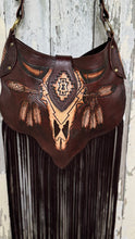 Load image into Gallery viewer, Buffalo leather boho bag with detailed handcrafted western artwork
