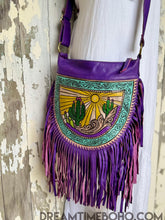 Load image into Gallery viewer, Cactus Desert Sun purple leather crossbody bag with hand tooled bohemian design and fringe, designed in Australia by Dreamtime Boho
