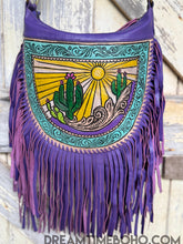 Load image into Gallery viewer, Close-up of hand tooled leather detail on Cactus Desert Sun purple bohemian crossbody bag by Dreamtime Boho
