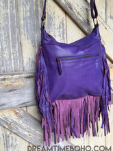 Load image into Gallery viewer, Back view of Cactus Desert Sun purple leather crossbody bag with fringe detailing, bohemian style by Dreamtime Boho
