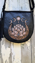 Load image into Gallery viewer, Black leather boho crossbody bag with hand tooled lotus floral design