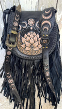 Load image into Gallery viewer, Celeste Lotus black boho leather fringe crossbody bag with hand tooled lotus and celestial moon design