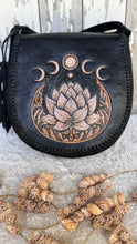 Load image into Gallery viewer, Celeste Lotus hand tooled leather boho crossbody bag with lotus and moon phase design