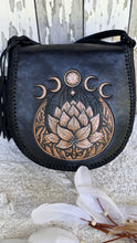 Load image into Gallery viewer, Front view of Celeste Lotus hand tooled leather crossbody bag