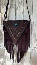 Load image into Gallery viewer, Chocolate boho leather fringe bag with turquoise feature stone and adjustable crossbody strap