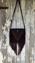 Load image into Gallery viewer, Chocolate leather fringe crossbody bag showing long fringe and adjustable shoulder strap