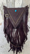 Load image into Gallery viewer, Chocolate genuine leather fringe crossbody bag with turquoise stone and stud detail