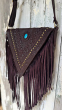 Load image into Gallery viewer, Chocolate western leather fringe bag with turquoise stone, woven leather detail and antique studs