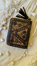 Load image into Gallery viewer, Compact boho leather wallet in antique black with hand tooled detailing and gemstone feature
