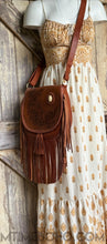 Load image into Gallery viewer, Hand tooled crystal moon leather boho bag with cream gemstone detail and fringe in genuine tan leather by Dreamtime Boho