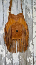 Load image into Gallery viewer, Desert Bloom hand tooled genuine leather boho crossbody bag in tan with natural gemstone and long double fringe.