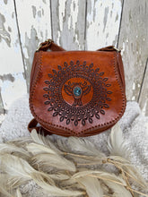 Load image into Gallery viewer, Desert Wings mandala hand tooled leather crossbody bag with turquoise gemstone centre and intricate boho mandala tooling.