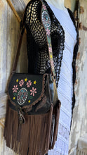 Load image into Gallery viewer, Genuine leather boho shoulder bag with long double fringe and hand painted detailing