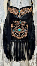 Load image into Gallery viewer,     Black leather fringe boho bag with hand tooled dragonfly design, turquoise gemstones and long flowing fringe.
