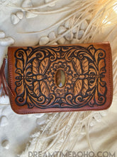 Load image into Gallery viewer, Antique brown boho leather wallet with hand tooled dragonfly design, floral detailing and natural Agate gemstone by Dreamtime Boho 