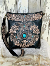 Load image into Gallery viewer, Hand tooled black leather dragonfly crossbody and shoulder bag with turquoise gemstones