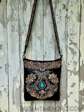 Load image into Gallery viewer, Dragonfly leather crossbody and shoulder bag with hand tooled strap and turquoise stone