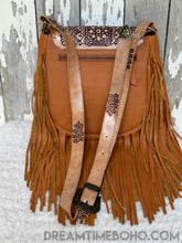 Load image into Gallery viewer, Dreamcatcher leather shoulder bag rear view with adjustable hand-tooled strap and flowing fringe
