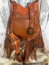 Load image into Gallery viewer, Back view of Angel Wings hand tooled leather fringe boho bag, designed in Australia by Dreamtime Boho, shipping worldwide