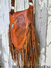 Load image into Gallery viewer, Angel Wings fringe detail on hand tooled leather boho bag, designed in Australia by Dreamtime Boho, shipping worldwide from Queensland Australia