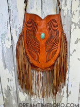 Load image into Gallery viewer, Handcrafted Angel Wings fringe leather boho bag with detailed tooling, designed in Australia by Dreamtime Boho, shipping worldwide from Queensland Australia