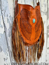 Load image into Gallery viewer, Angel Wings leather fringe crossbody bag with hand tooled detail, bohemian leather handbag designed in Australia by Dreamtime Boho, shipping worldwide