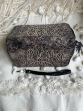 Load image into Gallery viewer, Antique black genuine leather wallet with hand tooled dreamcatcher and feather design by Dreamtime Boho.
