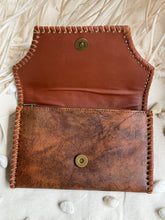 Load image into Gallery viewer, Open antique brown genuine leather mandala wallet showing magnetic closure, hand stitched edges and interior coin compartment by Dreamtime Boho.