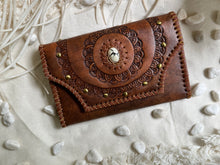 Load image into Gallery viewer, Antique brown genuine leather wallet with hand tooled mandala design, brass studs and natural stone centrepiece.
