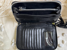 Load image into Gallery viewer, Open genuine leather wallet interior with 15 card slots, large zip coin pocket and note compartments.
