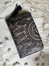 Load image into Gallery viewer, Dreamtime Boho hand tooled genuine leather wallet in antique black featuring a dreamcatcher design with feather details and bohemian styling.