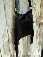 Load image into Gallery viewer, Dreamtime Boho black Love Story leather fringe boho bag back view with rear zip pocket. Worldwide shipping from Queensland Australia.

