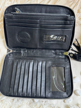 Load image into Gallery viewer, Interior of genuine leather wallet showing multiple card slots, ID window and zip coin compartment.