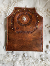 Load image into Gallery viewer, Open antique brown genuine leather wallet with mandala tooling and decorative brass studs.