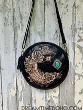 Load image into Gallery viewer, Rustic Moon hand tooled round leather boho bag with crescent moon design by Dreamtime Boho, designed in Australia