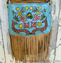 Load image into Gallery viewer, Alt text:
Dreamtime Boho turquoise Love Story leather bag under front flap with hand painted floral detail and fringe. Worldwide shipping from Queensland Australia.