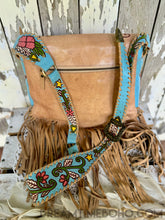 Load image into Gallery viewer, Dreamtime Boho turquoise Love Story leather fringe boho bag back view with rear zip pocket. Worldwide shipping from Queensland Australia.