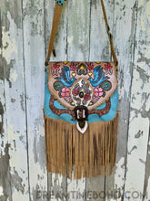 Load image into Gallery viewer, Dreamtime Boho hand painted turquoise Love Story leather fringe boho bag front view. Worldwide shipping from Queensland Australia.
