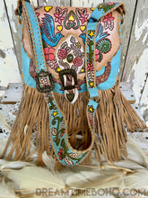 Load image into Gallery viewer, Dreamtime Boho turquoise Love Story leather fringe boho bag styled flat lay. Worldwide shipping from Queensland Australia.
