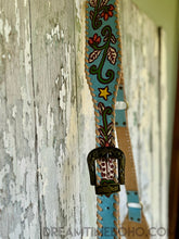 Load image into Gallery viewer, Dreamtime Boho Love Story turquoise leather strap close up with hand painted floral detail. Worldwide shipping from Queensland Australia.
