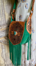 Load image into Gallery viewer, Shakira emerald green suede fringe boho leather bag flatlay by Dreamtime Boho