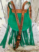 Load image into Gallery viewer, Back view of Shakira emerald green suede fringe leather crossbody bag Dreamtime Boho