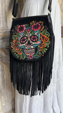 Load image into Gallery viewer, Floral skull leather boho bag with vibrant hand painted detailing and double leather fringe