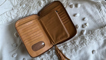 Load image into Gallery viewer, Free Spirit genuine leather wallet open showing card slots mirror coin pocket and compartments.Dreamtime Boho 