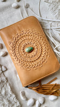 Load image into Gallery viewer, Free Spirit handcrafted leather boho wallet with turquoise stone and woven leather detail