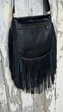 Load image into Gallery viewer, Rear view of genuine leather boho bag with zip pocket and long double leather fringe