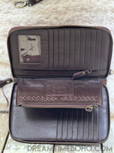 Load image into Gallery viewer, Sienna genuine leather boho wallet open showing 20 card slots zip pockets and spacious compartments