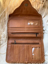Load image into Gallery viewer, Genuine leather boho wallet open showing card slots zipped coin pockets and internal compartments